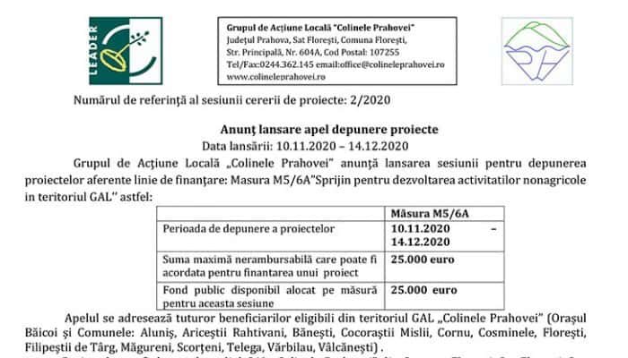 Grupul de Acţiune Locală „Colinele Prahovei” anunţă lansarea sesiunii pentru depunerea proiectelor aferente linie de finanţare: Masura M5/6A”Sprijin pentru dezvoltarea activitatilor nonagricole in teritoriul GAL’’ 